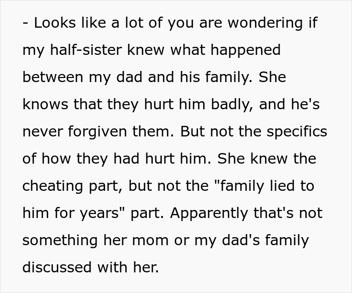 Text revealing why dad cut off his family, with half-sister aware of pain but unaware of full family betrayal details.