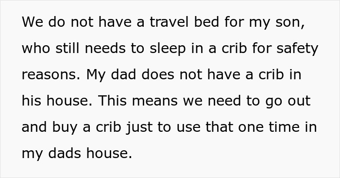 Text excerpt discussing lack of a travel bed for a son and the need to buy a crib for use at the dad&rsquo;s house.