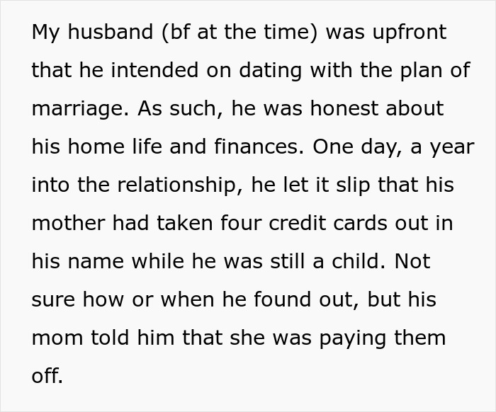 Text excerpt discussing debt and financial issues related to a mother filing bankruptcy and credit card debts.