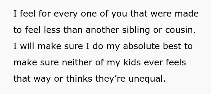Text image showing a heartfelt message about ensuring kids never feel unequal or less than siblings or cousins.