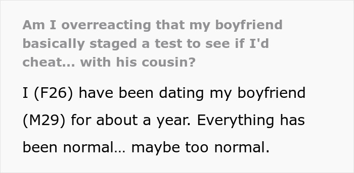 Text excerpt discussing a cunning guy orchestrating a loyalty test involving his cousin, making his girlfriend feel disrespected.