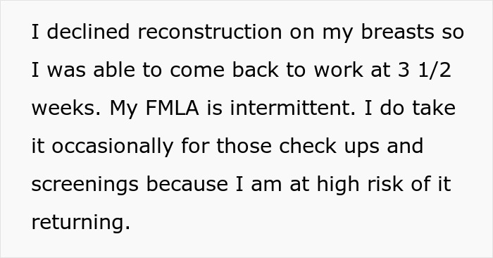 Text excerpt from a cancer survivor explaining declining breast reconstruction to return to work early while managing health risks.