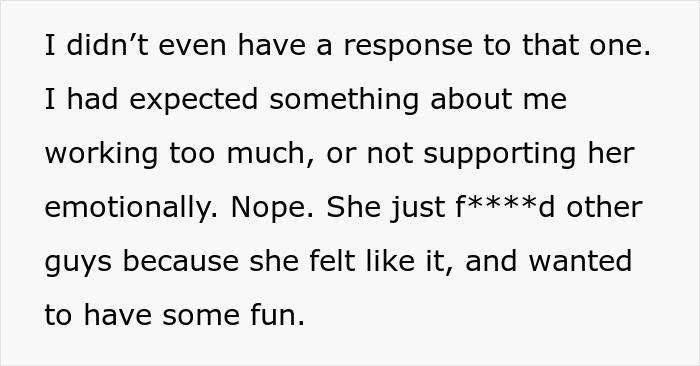 Text excerpt from a woman admitting to cheating multiple times for variety, with husband revealing truth and leaving.