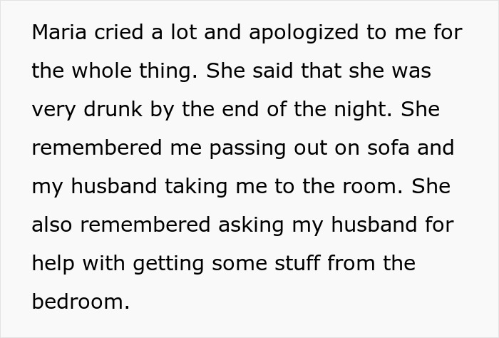 Text describing an emotional apology involving a wife, a husband without a shirt, and a bestie naked after hearing moaning.