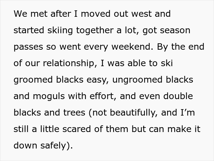 Trecho de texto sobre habilidades de esqui adquiridas durante um relacionamento, relacionadas ao abandono de parceiras durante atividades ao ar livre.
