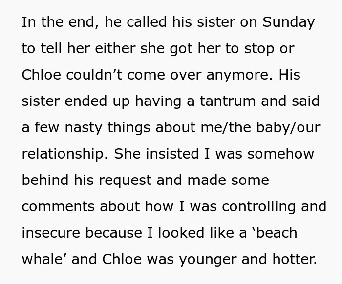 Alt text: Text describing a sister calling a pregnant woman a beach whale amid a family conflict over relationship issues.
