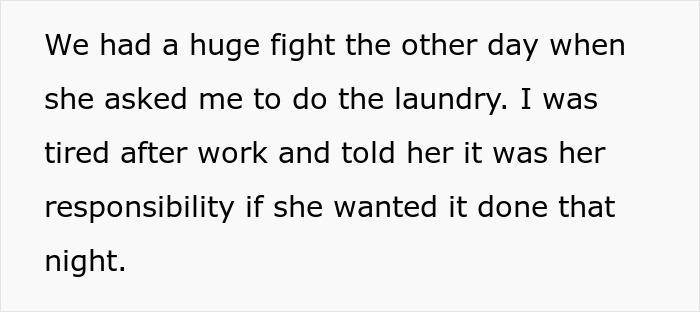 Text excerpt showing a delusional guy refusing to help pregnant wife with household chores, claiming breadwinner role.