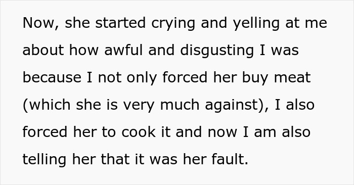 Text excerpt showing a teen crying and yelling after being forced to cook meat despite being vegan.