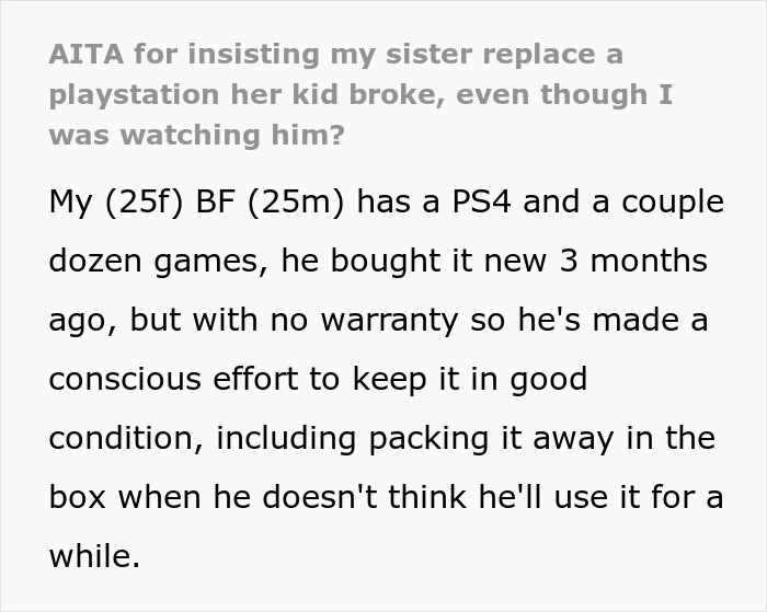 Text discussing a PS4 broken by an 11-year-old, with debate over replacing the PlayStation after the incident.