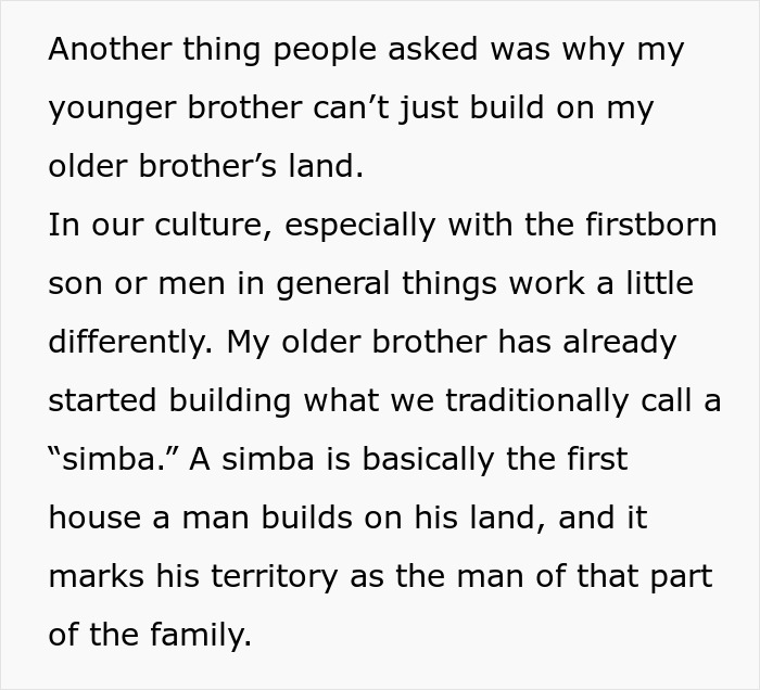 Text explaining cultural views on brother-inherited land money, focusing on building a first house called simba.