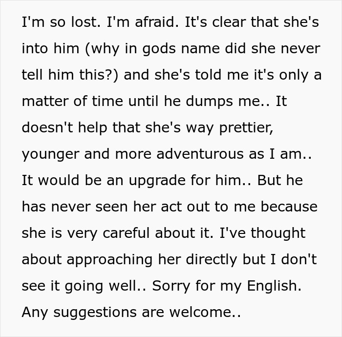 Alt text: Woman struggles to coexist with boyfriend&rsquo;s female friend, feeling insecure and regretting starting the relationship.