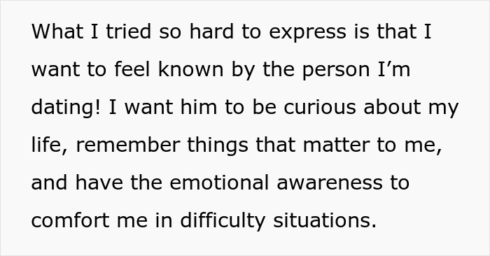 Text expressing desire to be known and understood by a partner showing romantic indifference and emotional disconnect.
