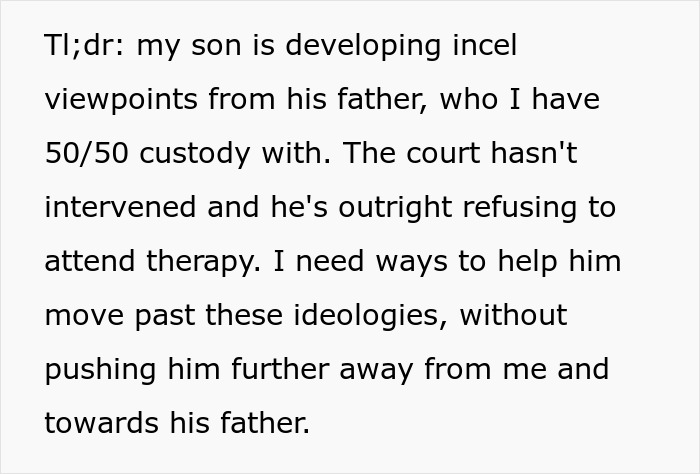 Text from a woman explaining her son is adopting incel views from his father, who she shares custody with.