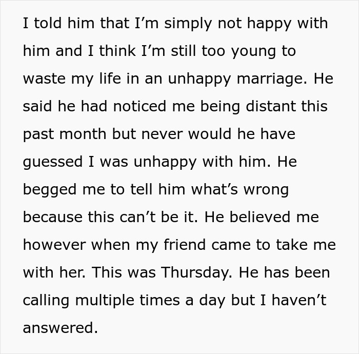 Text excerpt from a woman describing unhappiness in marriage and distancing herself after uncovering husband&rsquo;s affair.