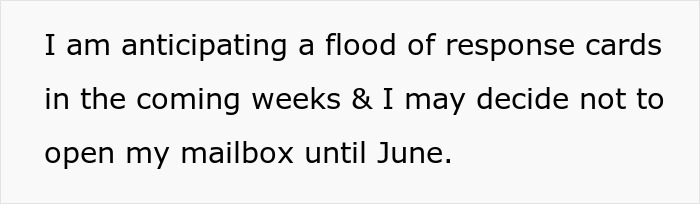Bride expecting neighbor to deliver couple&rsquo;s fancy wedding invites after repeated misdelivery issues with response cards.