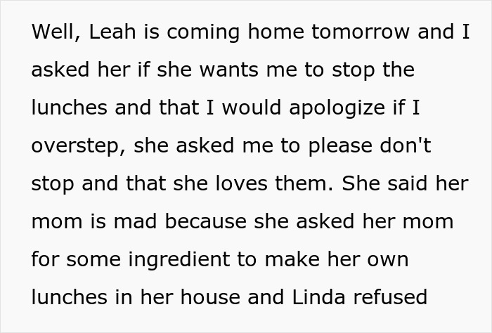 Text discussing a request to refuse stop making school lunches and a child's preference to continue receiving them.