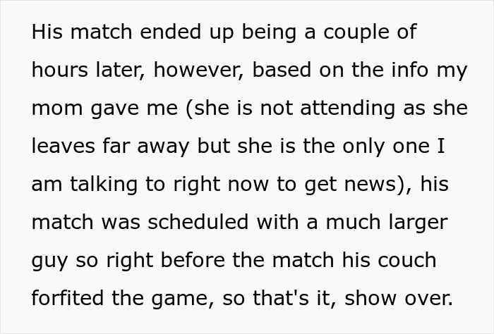 Text excerpt discussing a nephew&rsquo;s uncertain boxing match and family tensions over attendance choices for dogs.