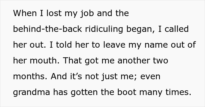 Text excerpt showing a man describing ridicule after job loss and family conflicts involving grandma.