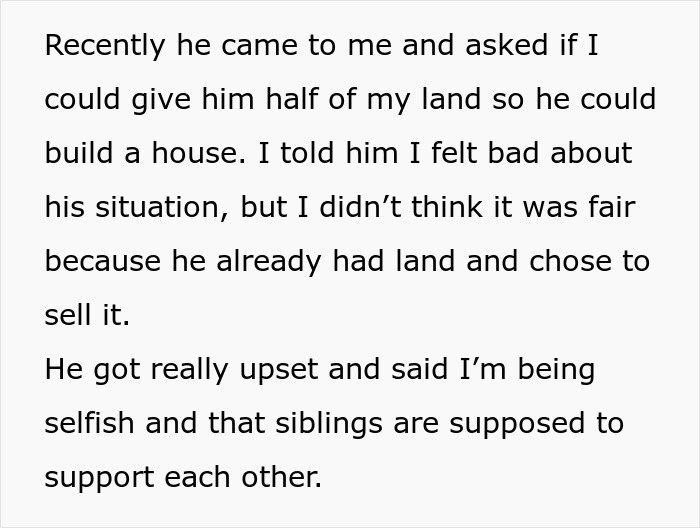 Text discussing a brother who inherited land and money, asking for half of the land to build a house, causing a family dispute.