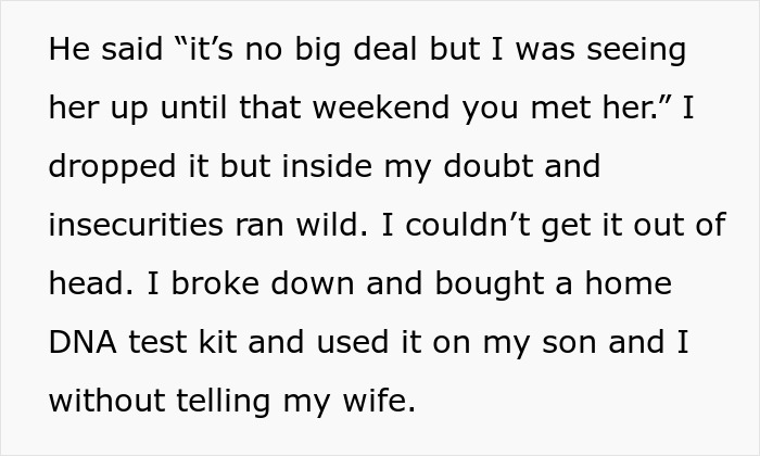 Text showing a man describing doubting his 12-year-old son's paternity after a chance meeting with an old friend.