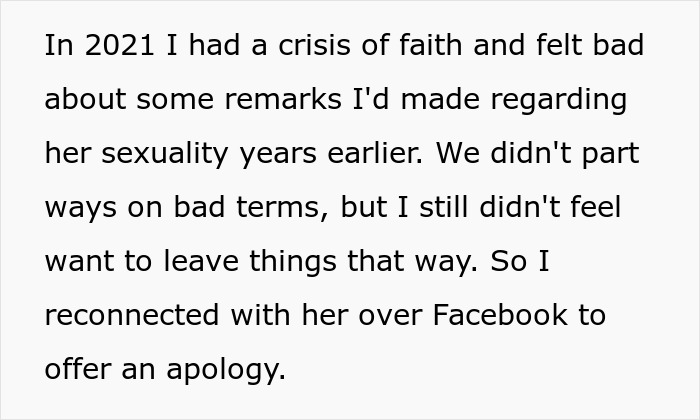 Text on a white background describing a woman reconnecting with a friend of 10 years to apologize and make amends.