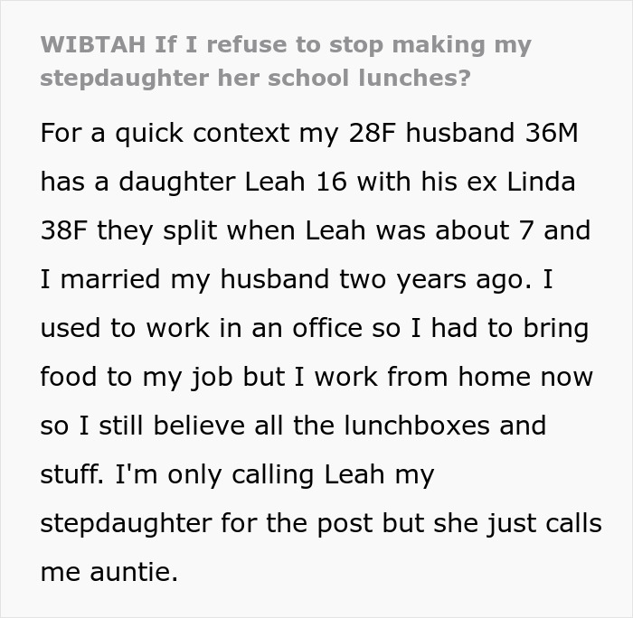 Text post about a woman refusing to stop making her stepdaughter school lunches despite family changes.