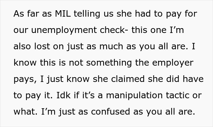 Text screenshot showing message about MIL wanting to file bankruptcy due to debt and confusion over unemployment payment.