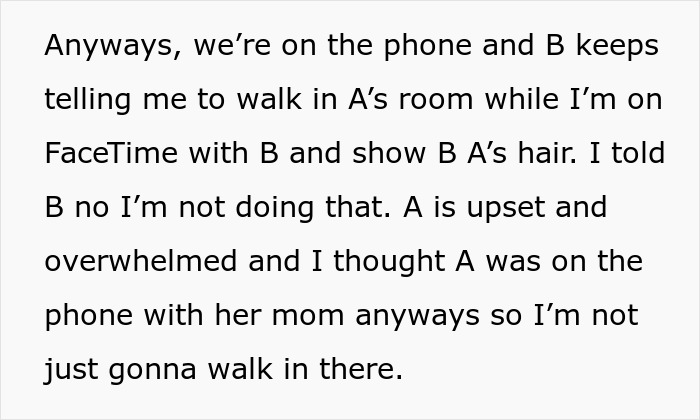 Text describing a tense moment during a best friend fight involving a mom on the phone and upset feelings.