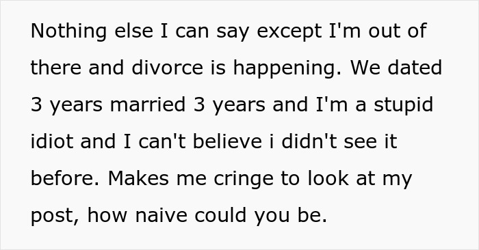 Text post expressing regret over a failed marriage, with a wife weirded out by hubby's dark and twisted secret.