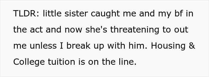 Text describing a guy&rsquo;s sister catching him with his secret boyfriend and demanding he break up so she can date him.