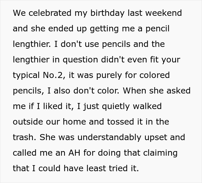Man quietly trashing girlfriend's gift outside the home after receiving a pencil lengthier he didn't want or use.