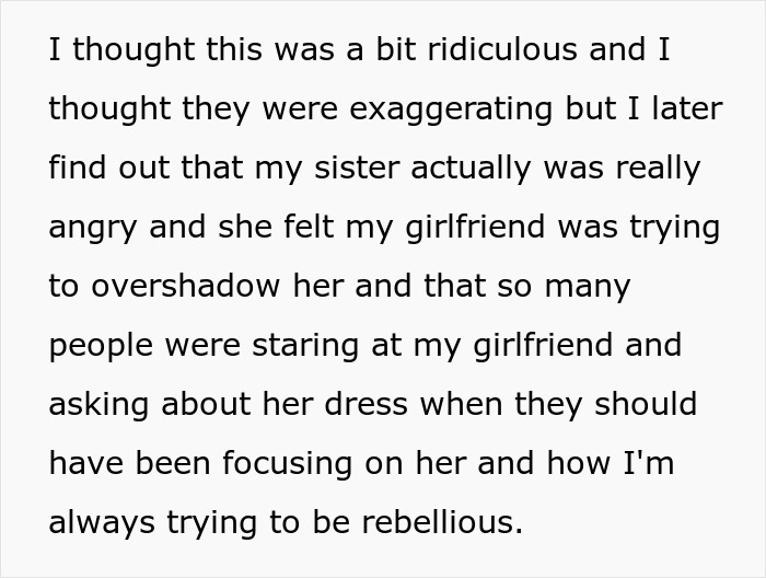 Text post explaining how girlfriend&rsquo;s outfit caused drama and overshadowed sister at wedding, sparking conflict.