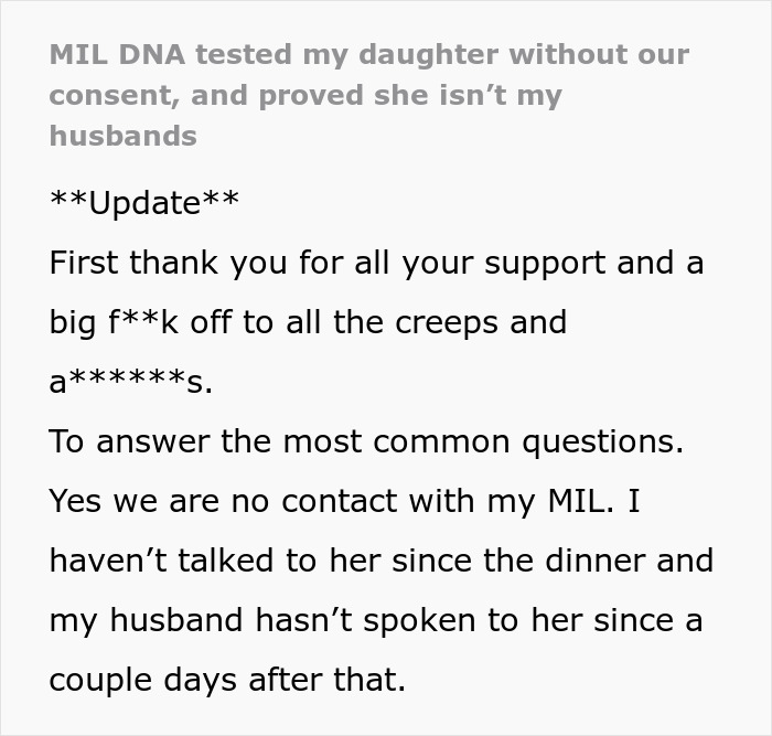 Text excerpt discussing MIL secretly DNA testing grandchild, causing family conflict and cutting all contact with the mother-in-law.