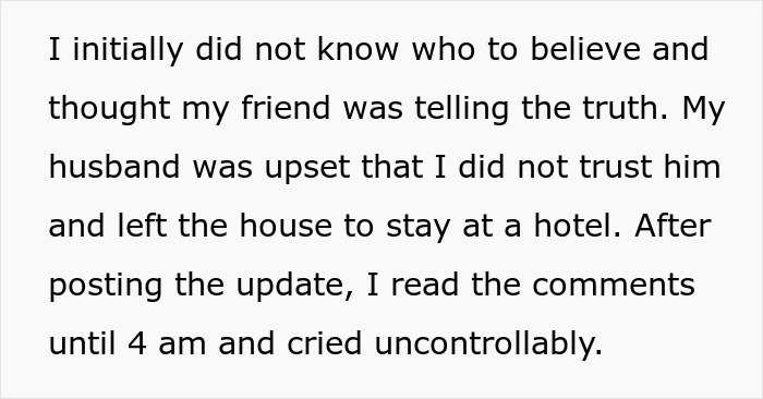 Wife suspects something happened after hearing moaning, seeing hubby without shirt and bestie naked together.