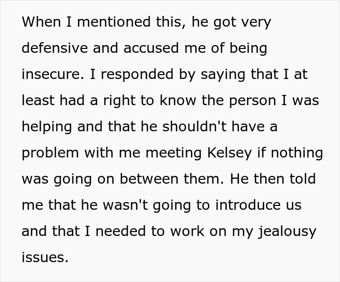 Text excerpt discussing defensiveness and jealousy issues between a man and his wife over helping a pregnant coworker.