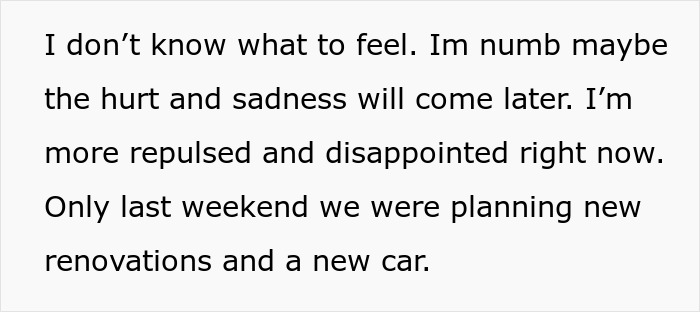 Text message expressing numbness and disappointment after discovering husband's obsession with sister&rsquo;s weight.