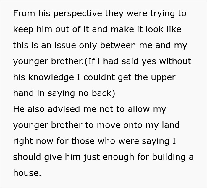 Text about a brother and younger brother discussing land and money issues related to inherited property rights.