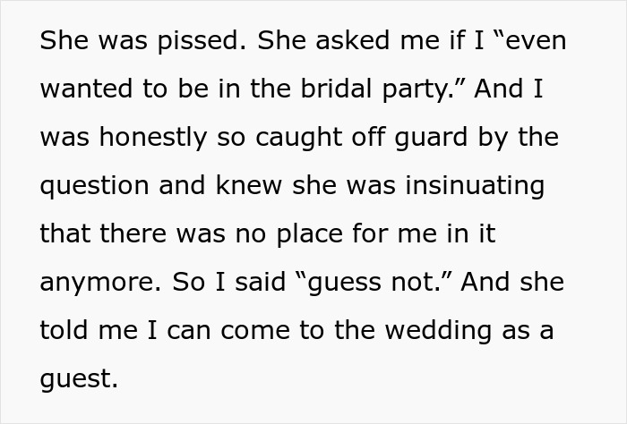 Text showing a friend hurt by bride’s obsession with control, feeling excluded from the bridal party before the wedding.