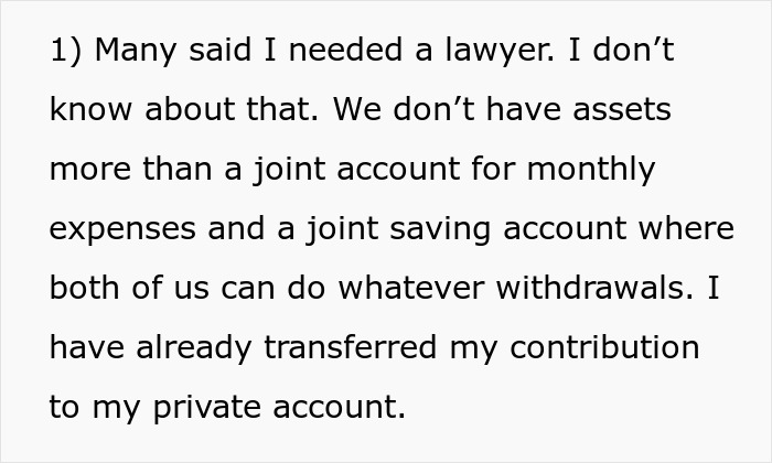Text excerpt discussing a woman&rsquo;s financial situation after uncovering her husband&rsquo;s affair, mentioning joint accounts and transfers.