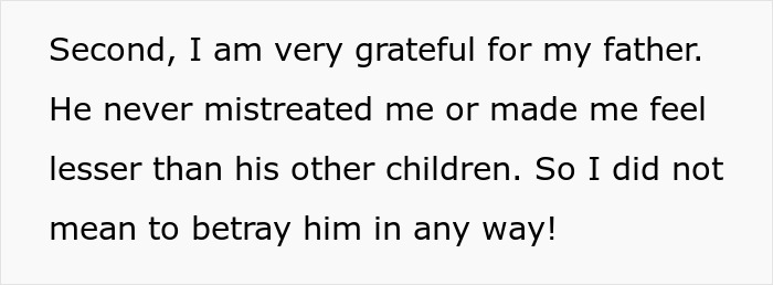 Text excerpt showing a person expressing gratitude toward their father, denying any intent to betray him.