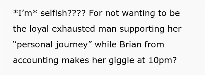 Text message discussing feelings of being selfish and a wife&rsquo;s personal journey amid relationship struggles and thoughts of open marriage.