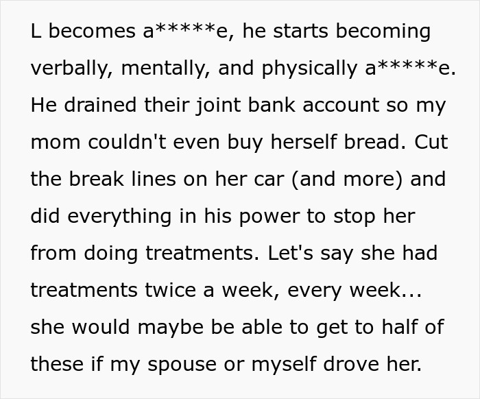 Alt text: Text describing husband refusing wife's chemotherapy, causing mental and physical a***e, and financial control.