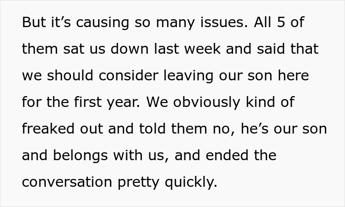 Text excerpt discussing grandparents causing issues by urging a young family to leave their toddler behind for medical school.