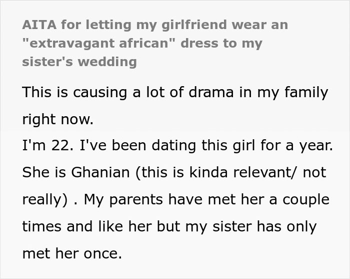 Text post about guy causing drama by approving girlfriend's controversial outfit for sister&rsquo;s wedding, sparking family tension.