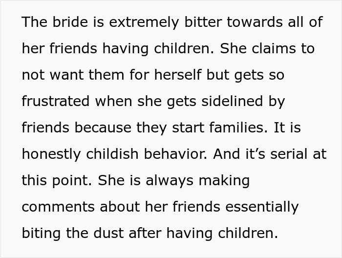 Bride’s obsession with control causes bitterness and damages her close friendships before the wedding due to jealousy over children.
