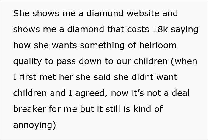 Woman shows fianc&eacute; an $18,000 dream ring from a diamond website, wanting heirloom quality to pass down to children.