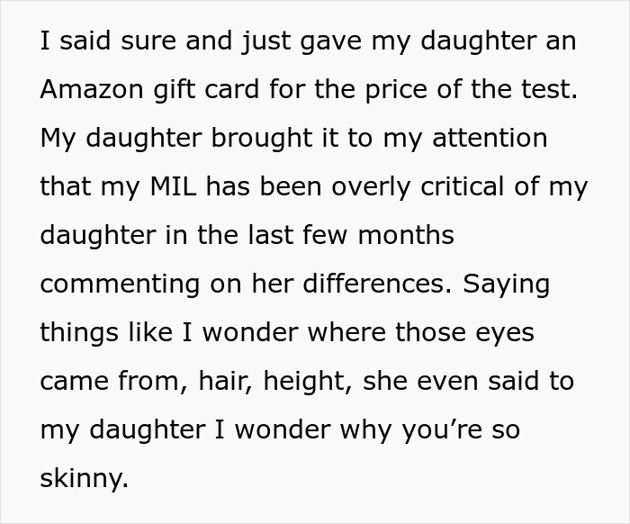 Text about MIL secretly DNA testing grandkid after criticizing daughter’s differences, causing family conflict.