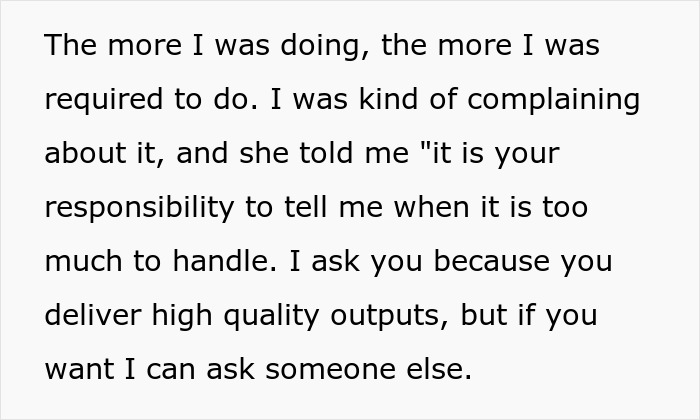 Text excerpt showing an employee explaining workload complaints and a boss emphasizing work-life balance responsibility.