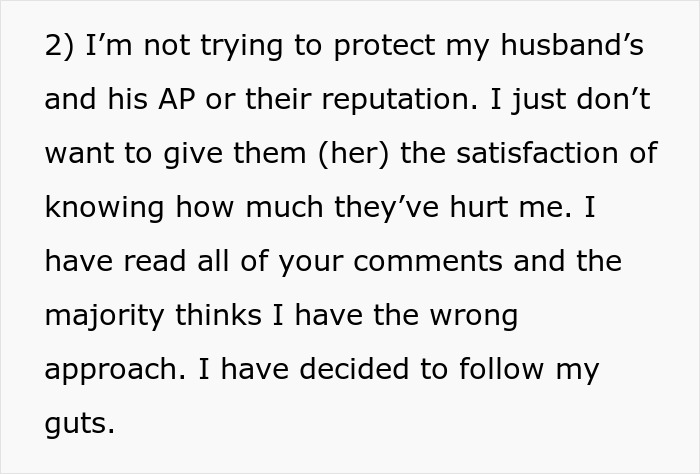 Text excerpt discussing a woman deciding to follow her instincts after uncovering her husband&rsquo;s affair and emotional hurt.