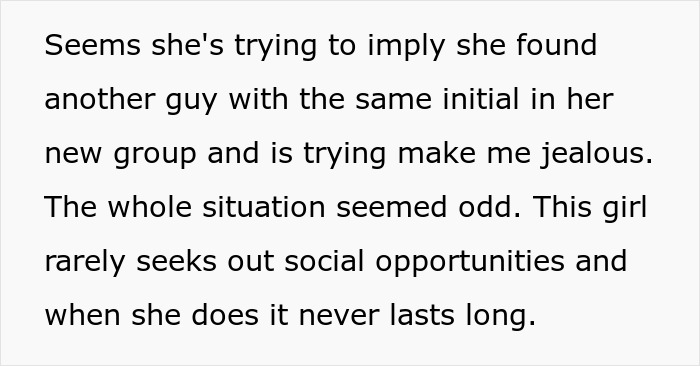 Text discussing a woman trying to make her friend of 10 years fall in love, but instead gets blocked.